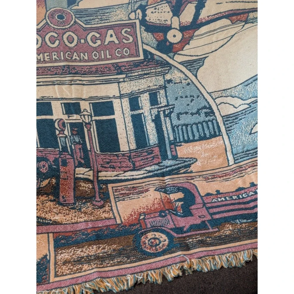 Vintage Amoco Gas Station Tapestry Fringe Throw Blanket American Oil Co Woven